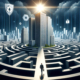 Photo-realistic digital illustration depicting a modern corporate building navigating through a complex, labyrinthine maze, representing the challenges of cybersecurity regulations. Towering walls form the maze, symbolizing the intricate landscape of these regulations. Hovering above the maze, a guiding light beams down, shaped like the Computer Systems Plus logo, illuminating a path for the building. This image visually represents the concept of a business successfully overcoming cybersecurity regulatory challenges with the assistance and expertise of Computer Systems Plus.