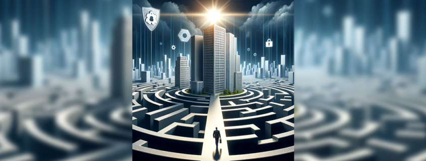 Photo-realistic digital illustration depicting a modern corporate building navigating through a complex, labyrinthine maze, representing the challenges of cybersecurity regulations. Towering walls form the maze, symbolizing the intricate landscape of these regulations. Hovering above the maze, a guiding light beams down, shaped like the Computer Systems Plus logo, illuminating a path for the building. This image visually represents the concept of a business successfully overcoming cybersecurity regulatory challenges with the assistance and expertise of Computer Systems Plus.