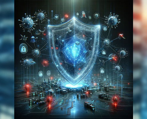 Photo-realistic image depicting a digital shield symbolizing Intrusion Detection and Prevention Systems (IDS/IPS) protecting a network. The shield is a glowing, semi-transparent barrier that envelops a complex network of interconnected nodes and flowing data streams. Around this shield, various digital threats like viruses and malware are illustrated as aggressive entities, trying to penetrate the network but are effectively repelled by the shield. The digital shield emits a vibrant blue light against a dark, high-tech background, highlighting its robust cybersecurity capabilities and the advanced protection it offers to the network.
