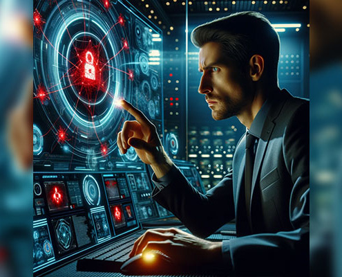Photo-realistic image of a Caucasian male cybersecurity expert in his 30s, working in a high-tech digital security control room. He focuses intently on a large, futuristic holographic display, which shows a cyber attack as a swarm of red, menacing digital elements attempting to infiltrate a network. The expert is pressing a prominent, glowing yellow button, symbolizing an immediate response to thwart the attack. The room is bathed in shades of blue, highlighting the advanced technology and the critical nature of the situation.