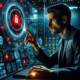 Photo-realistic image of a Caucasian male cybersecurity expert in his 30s, working in a high-tech digital security control room. He focuses intently on a large, futuristic holographic display, which shows a cyber attack as a swarm of red, menacing digital elements attempting to infiltrate a network. The expert is pressing a prominent, glowing yellow button, symbolizing an immediate response to thwart the attack. The room is bathed in shades of blue, highlighting the advanced technology and the critical nature of the situation.