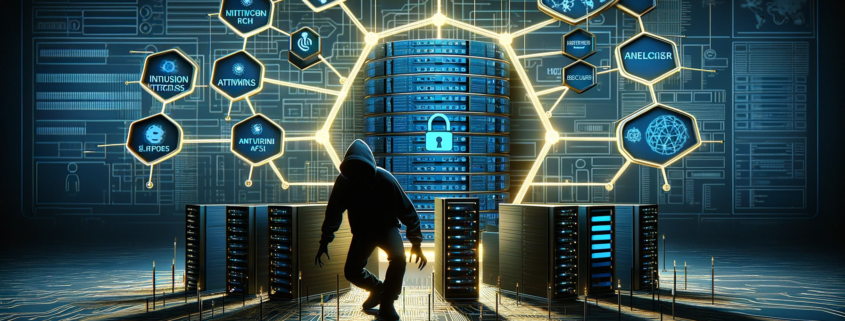 A photo-realistic image depicting a hacker, represented as a shadowy figure, attempting to breach a network. The network is protected by multiple layers of security defenses, including firewalls, antivirus programs, and intrusion detection systems, each visualized as high-tech barriers or shields. The color scheme of blue and gold adds sophistication to the scene, highlighting the robust and complex network security measures in place.