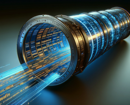 Image illustrates data being encrypted as it flows through a secure tunnel. The tunnel, rendered in a high-tech style, shows data entering in a readable format and gradually becoming encrypted into indecipherable symbols. The colors blue and gold dominate the scene, reflecting the secure and advanced nature of the encryption process. The overall design is minimalist, focusing on the concept of data security in a digital environment.