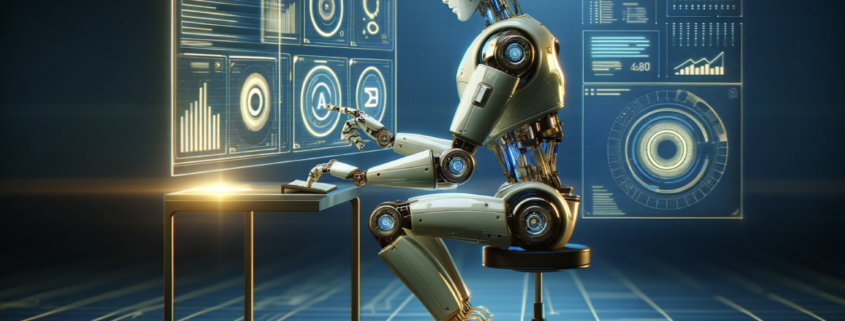 Image shows a high-tech RPA bot involved in network management tasks. The robot is interacting with virtual tools and digital systems, symbolizing its role in automating operational processes. The color palette features shades of blue and gold, highlighting the sophistication and value of automation. The overall design is minimalist, focusing on the functionality of the RPA bot in a professional setting.